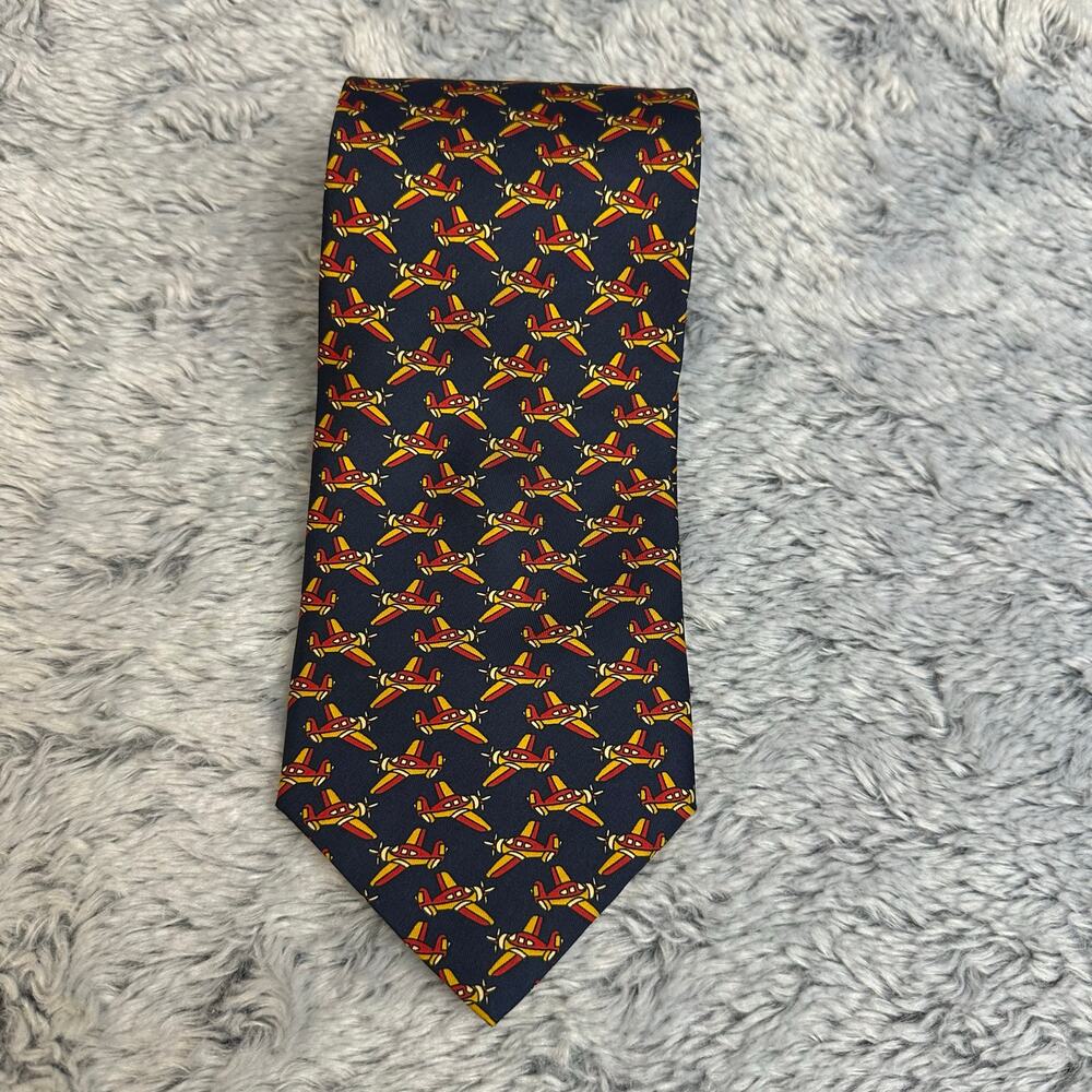 La Cravatta Giofer Roma Navy Yellow Orange Airplane Neck Tie 100% Silk Aviation